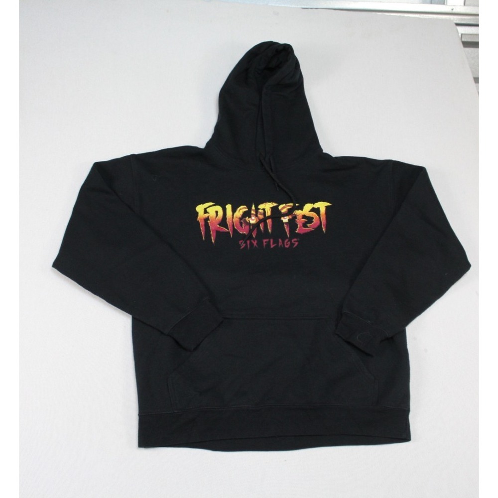 Six Flags Adult Black Sweater Hooded Fright Fest Long Sleeve Size Large